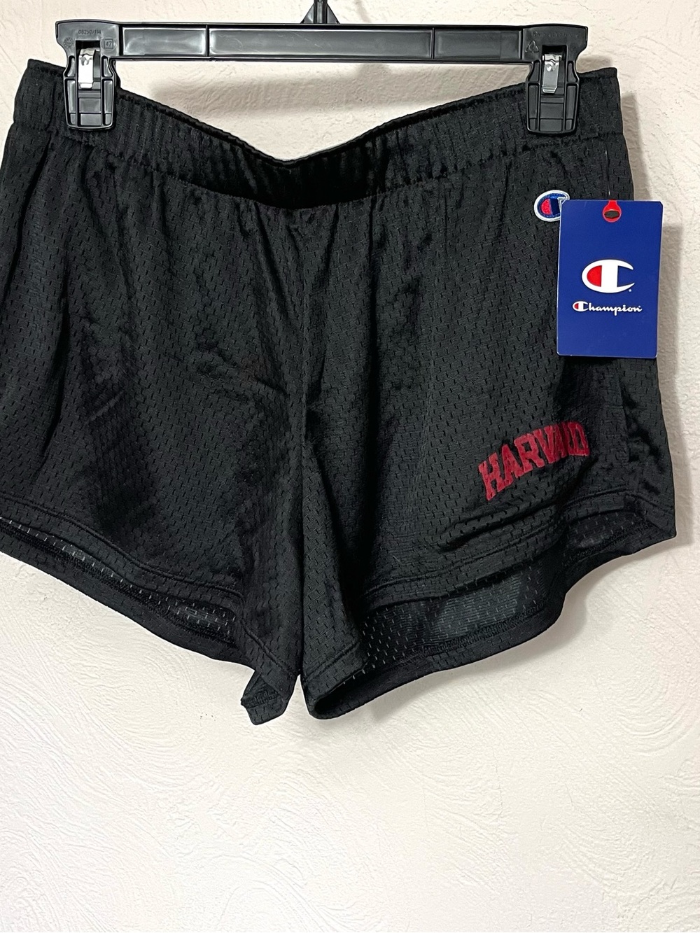 Champion Women’s Black Mesh Shorts with Red Harvard Embroidery